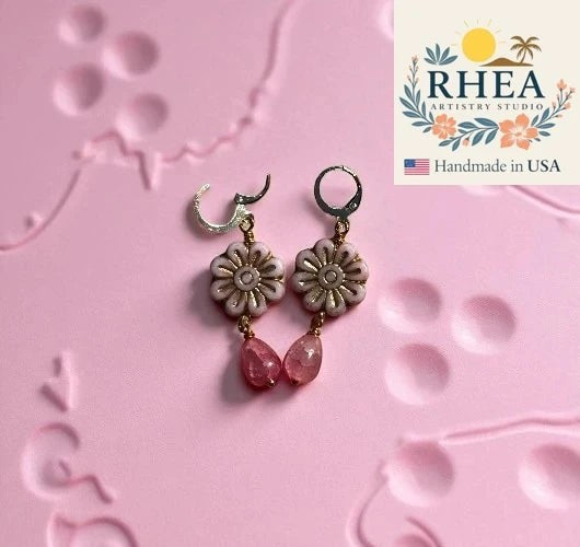 Rhea Artistry Studio pale pink floral Czech glass earrings with gold wash and pink gemstone drops.