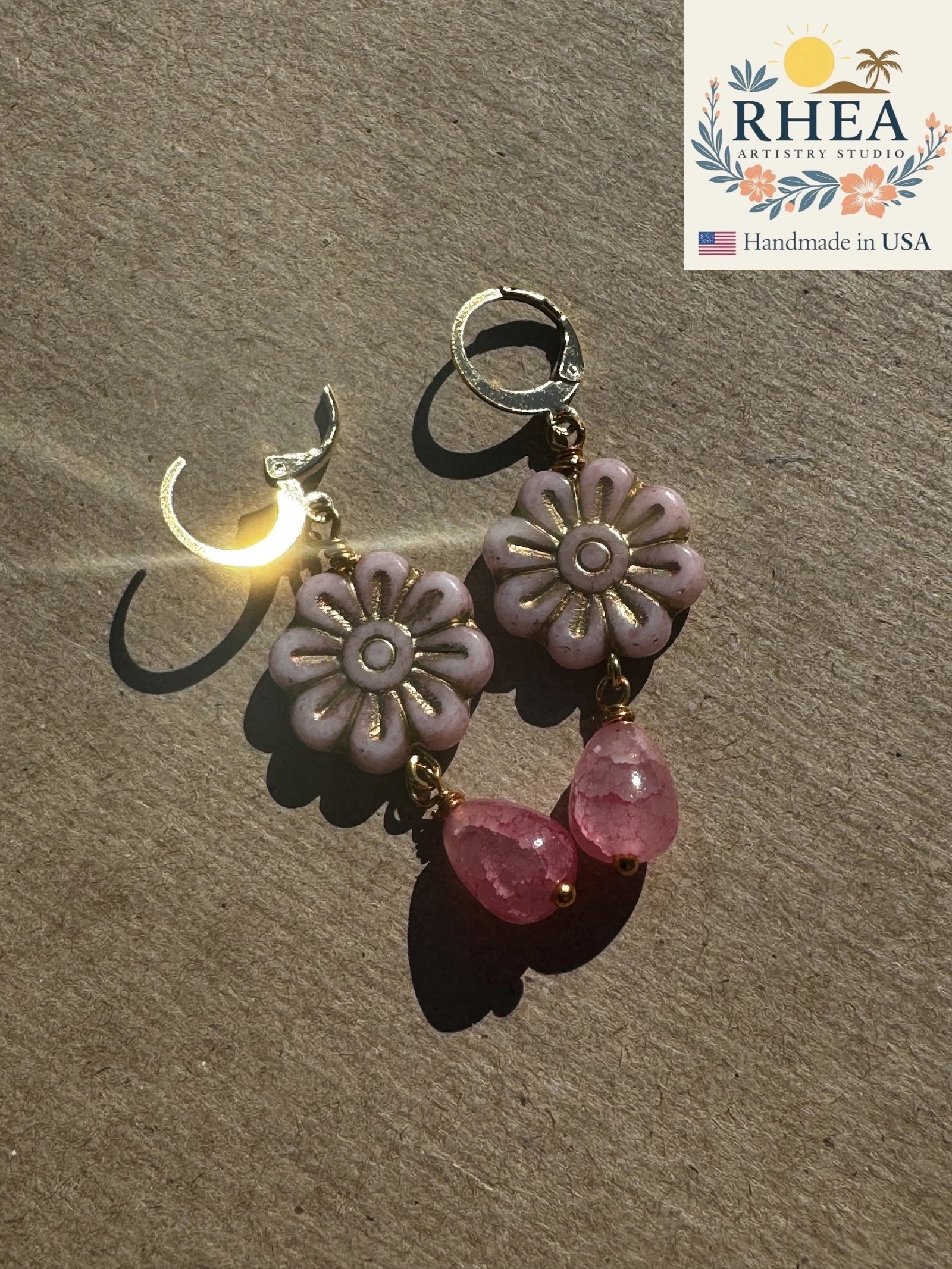 Rhea Artistry Studio pale pink Czech glass flower earrings with gold wash and pink gemstone drops.