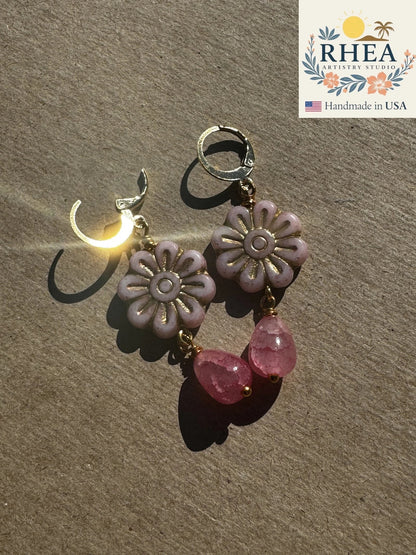 Rhea Artistry Studio pale pink Czech glass flower earrings with gold wash and pink gemstone drops.