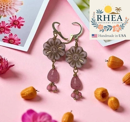 Rhea Artistry Studio pale pink Czech glass flower earrings with gold wash and pink gemstone drops.