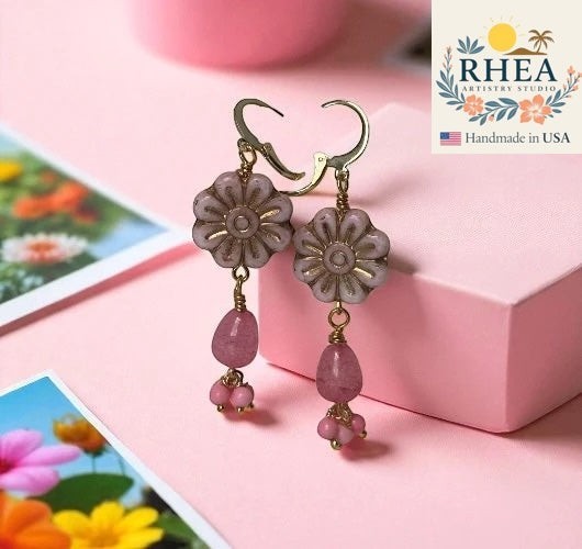 Rhea Artistry Studio pale pink Czech glass flower earrings with gold wash and pink gemstone drops.