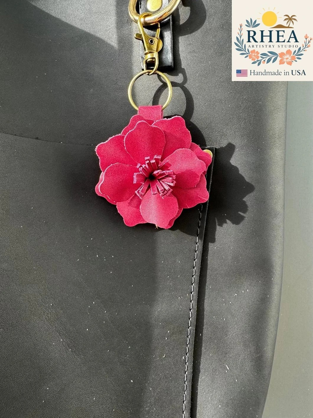Rhea Artistry Studio large pink leather flower charm with lobster clasp and split ring, handmade.