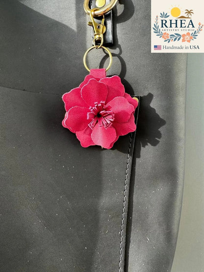 Rhea Artistry Studio large pink leather flower charm with lobster clasp and split ring, handmade.
