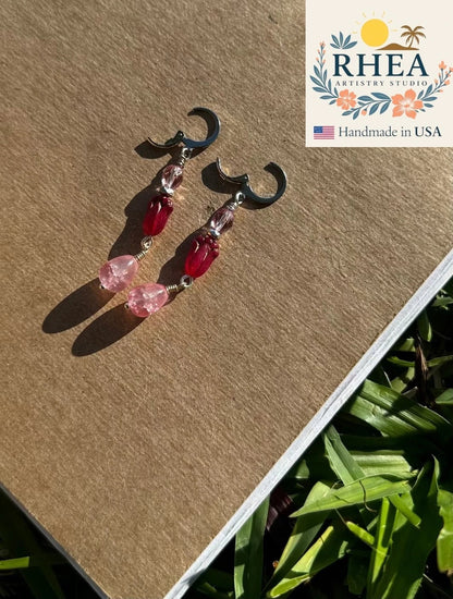 Rhea Artistry Studio pink tulip Czech glass earrings with silver lever backs and pink teardrop beads.
