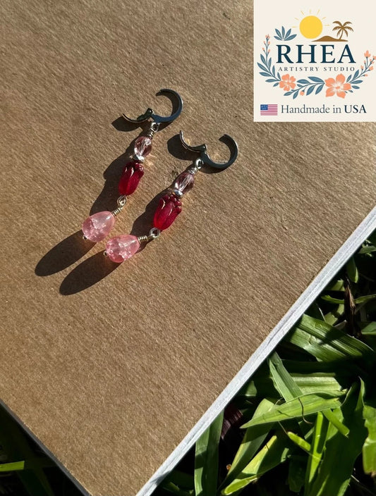 Rhea Artistry Studio pink tulip Czech glass earrings with silver lever backs and pink teardrop beads.