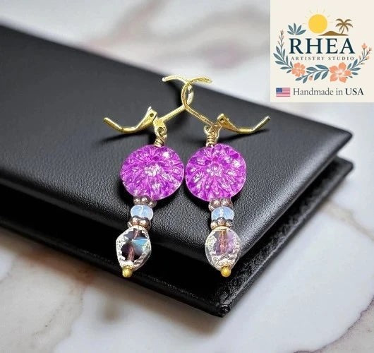 Rhea Artistry Studio purple dahlia glass earrings with lavender beads and brass hardware, approx. 1.5-2 inches long.