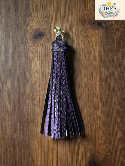 Rhea Artistry Studio handmade large purple snakeskin embossed leather tassel keychain with lobster clasp.