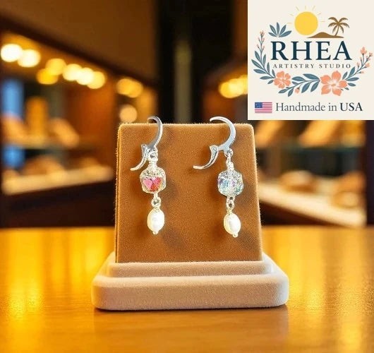 Rhea Artistry Studio silver pearl drop earrings with cathedral-style glass beads and luminous pearl accents, 1.5 inches long.