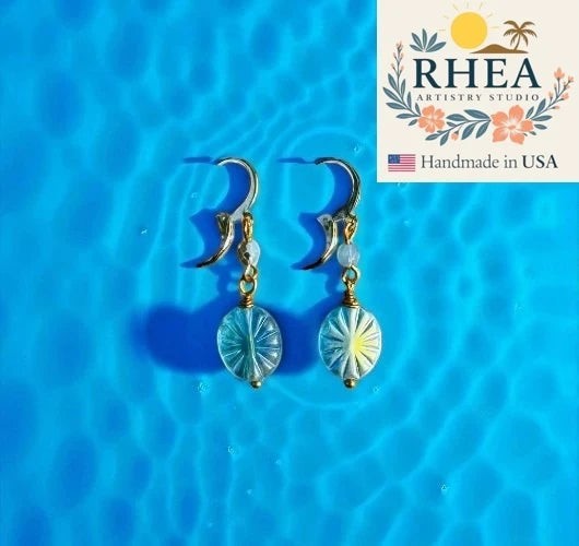 Rhea Artistry Studio Starburst oval Czech glass earrings with 24k gold plated brass findings and French lever backs.