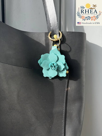 Rhea Artistry Studio teal leather flower charm with lobster clasp and split ring, 2.5 inches, handmade in USA.
