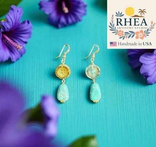 Rhea Artistry Studio turquoise hibiscus drop earrings with 14k gold filled fish hooks, approx. 1.5 inches long.