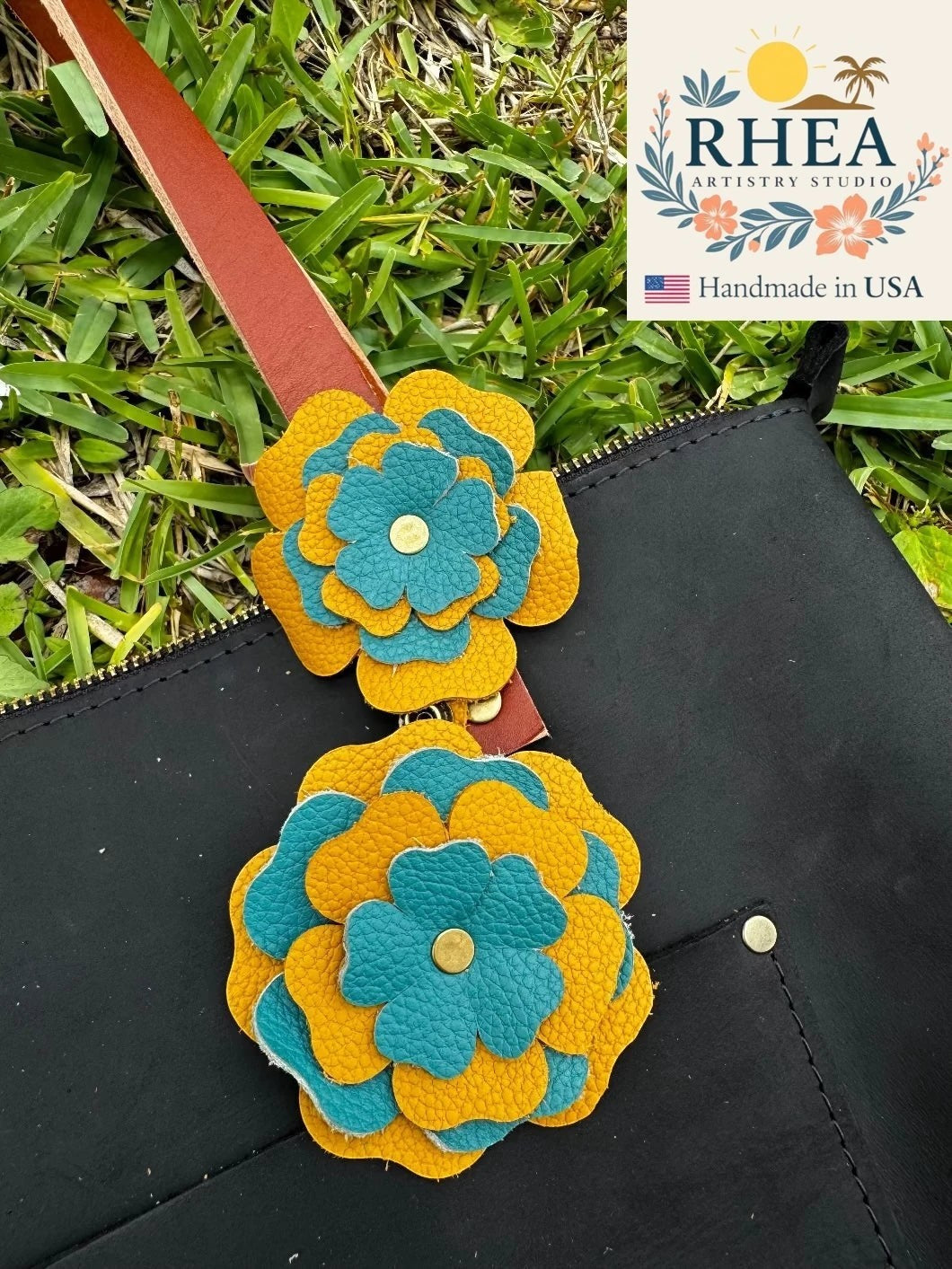 Rhea Artistry Studio yellow and turquoise double leather flower charm with brass rivets, handcrafted from full grain leather.