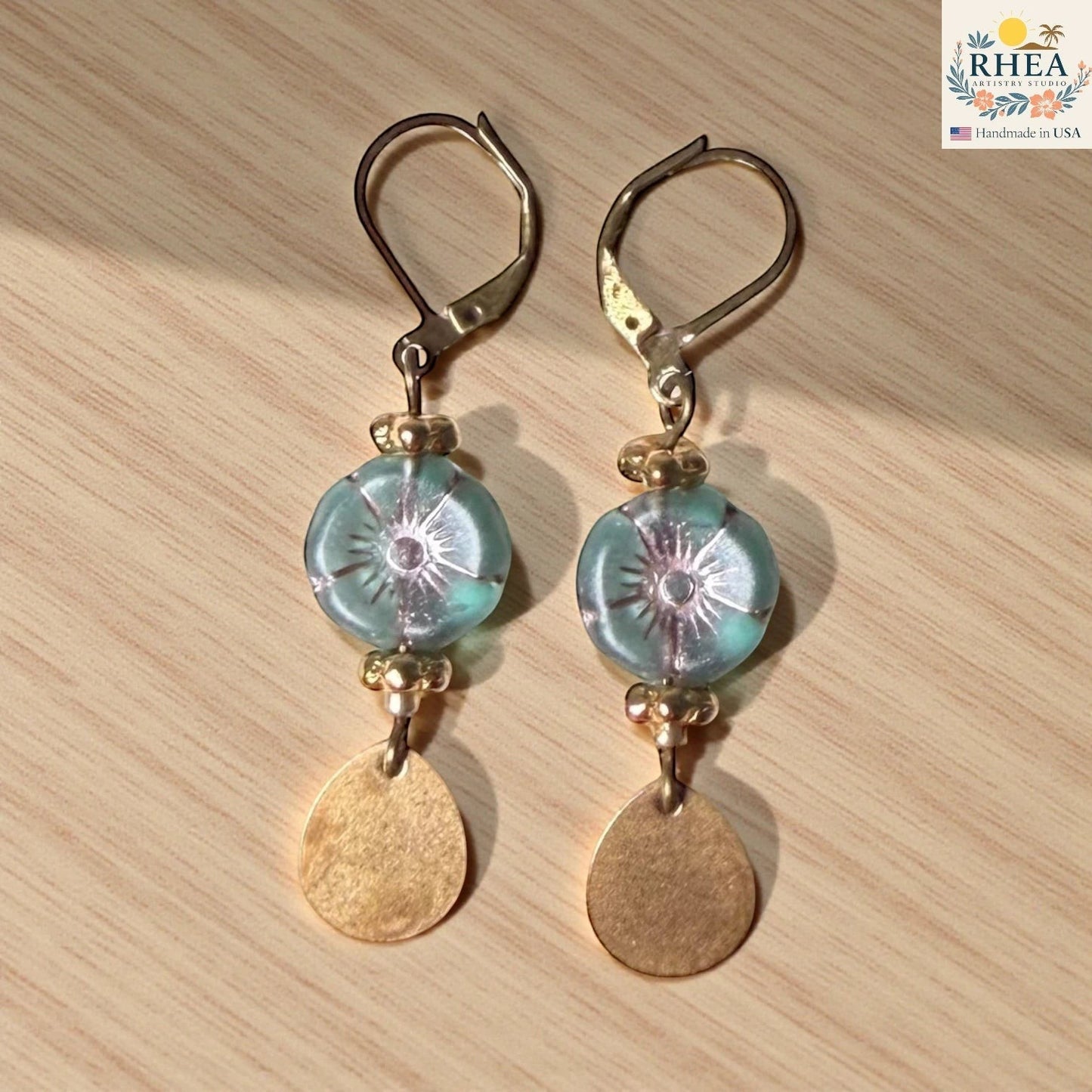Lightweight handmade earrings with premium materials and secure hooks in brass accents and green