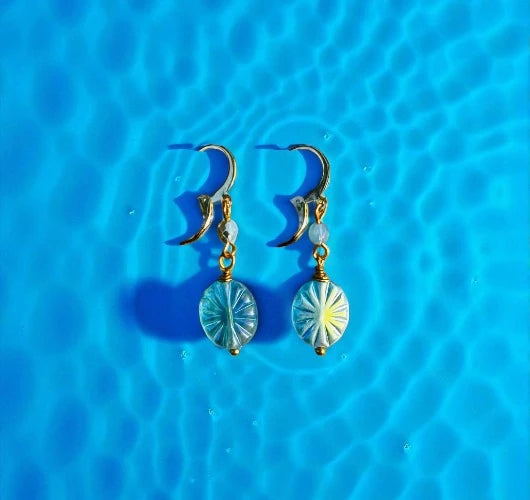 Pair of earrings with floral designs on a blue textured background