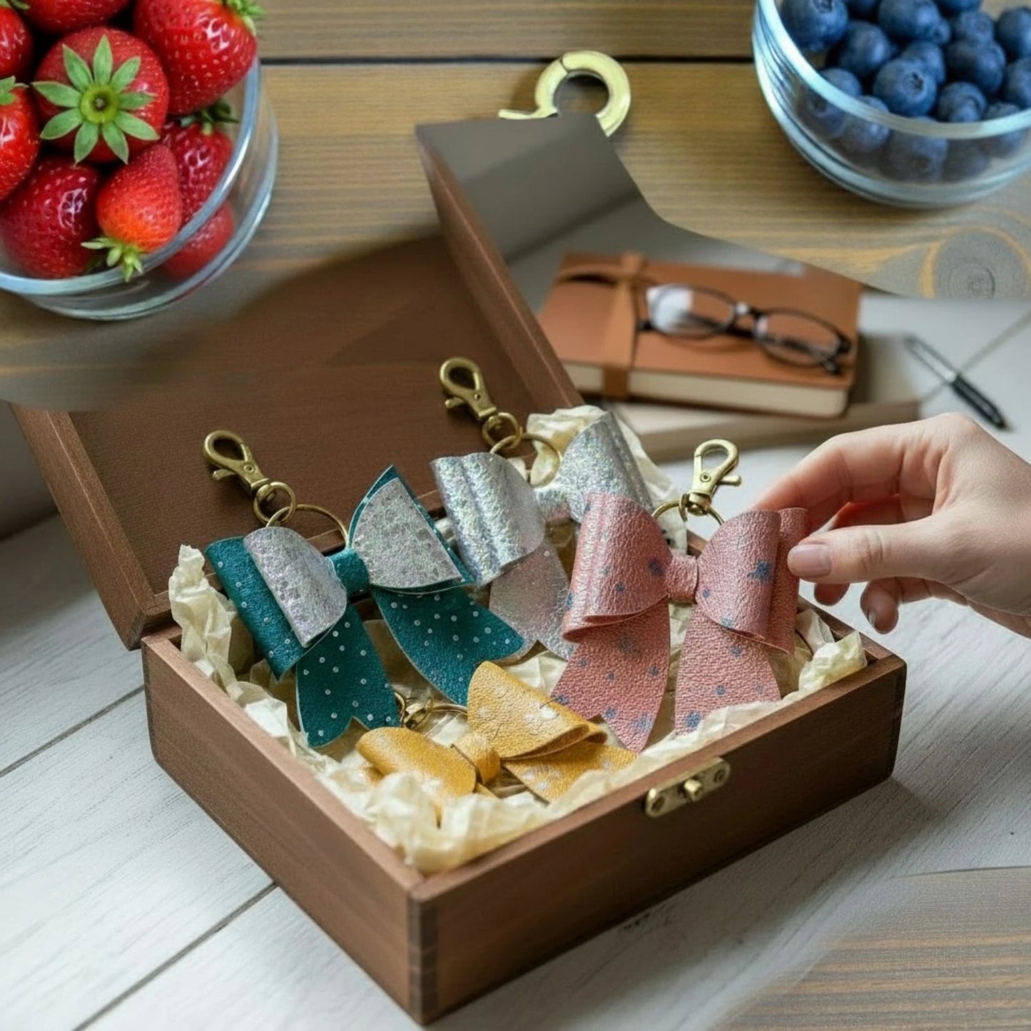 Mystery handmade bow charm set displayed in a wooden gift box with assorted bow charms in colorful textures and finishes