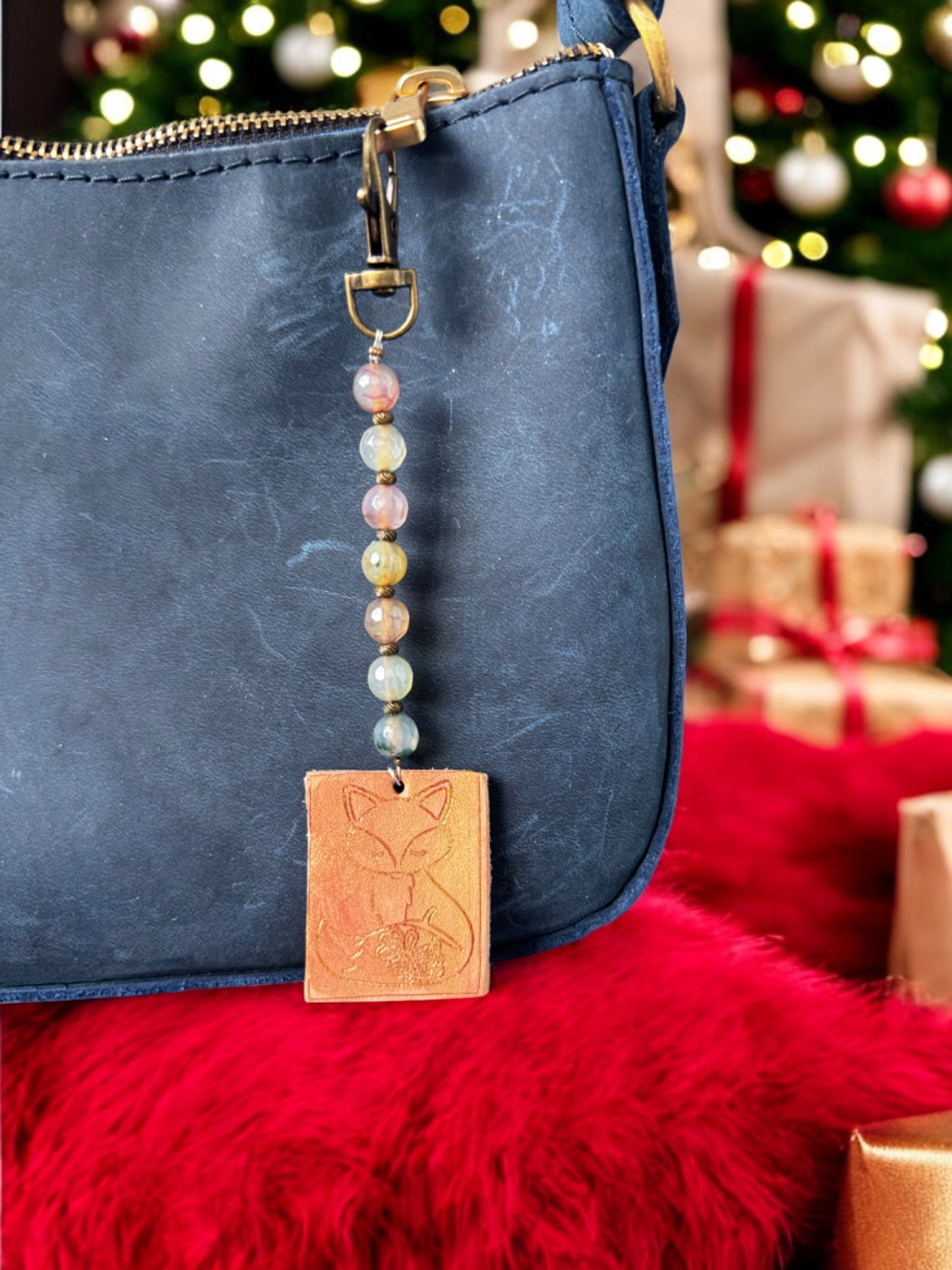 Gemstone Charm with Engraved Vegetable-Tanned Leather Pendant - Artisan Accessory