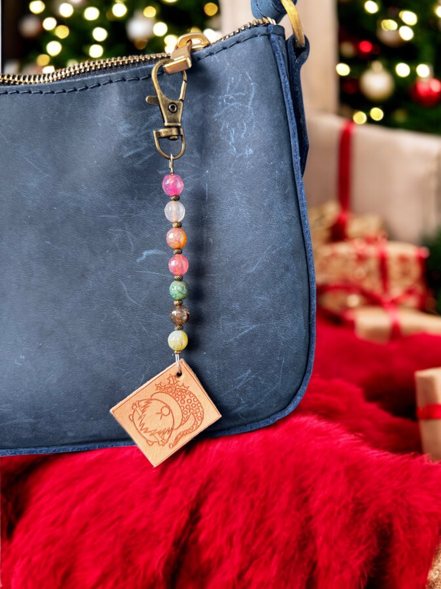 Gemstone Charm with Engraved Vegetable-Tanned Leather Pendant - Artisan Accessory