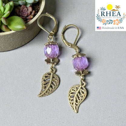 Handmade leaf drop earrings with faceted glass and antique brass