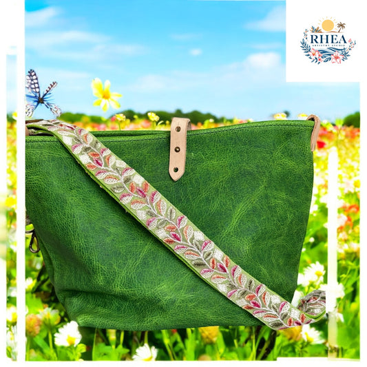 Tropical Vine embroidered bag strap with green leather tote