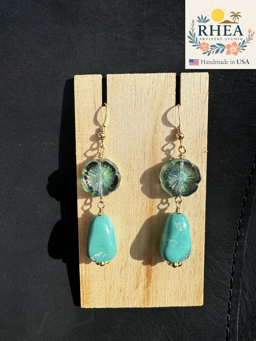 Stylish Turquoise Hibiscus Drop earrings in gold filled design, handmade with Czech beads for a refined floral accessory.