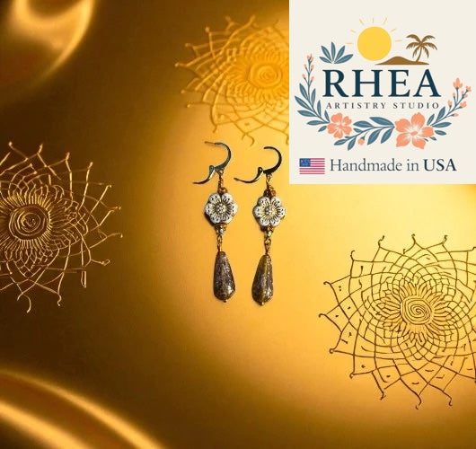 Elegant handmade White Hibiscus Gold Drop earrings with Czech beads, designed as unique artisan jewelry.