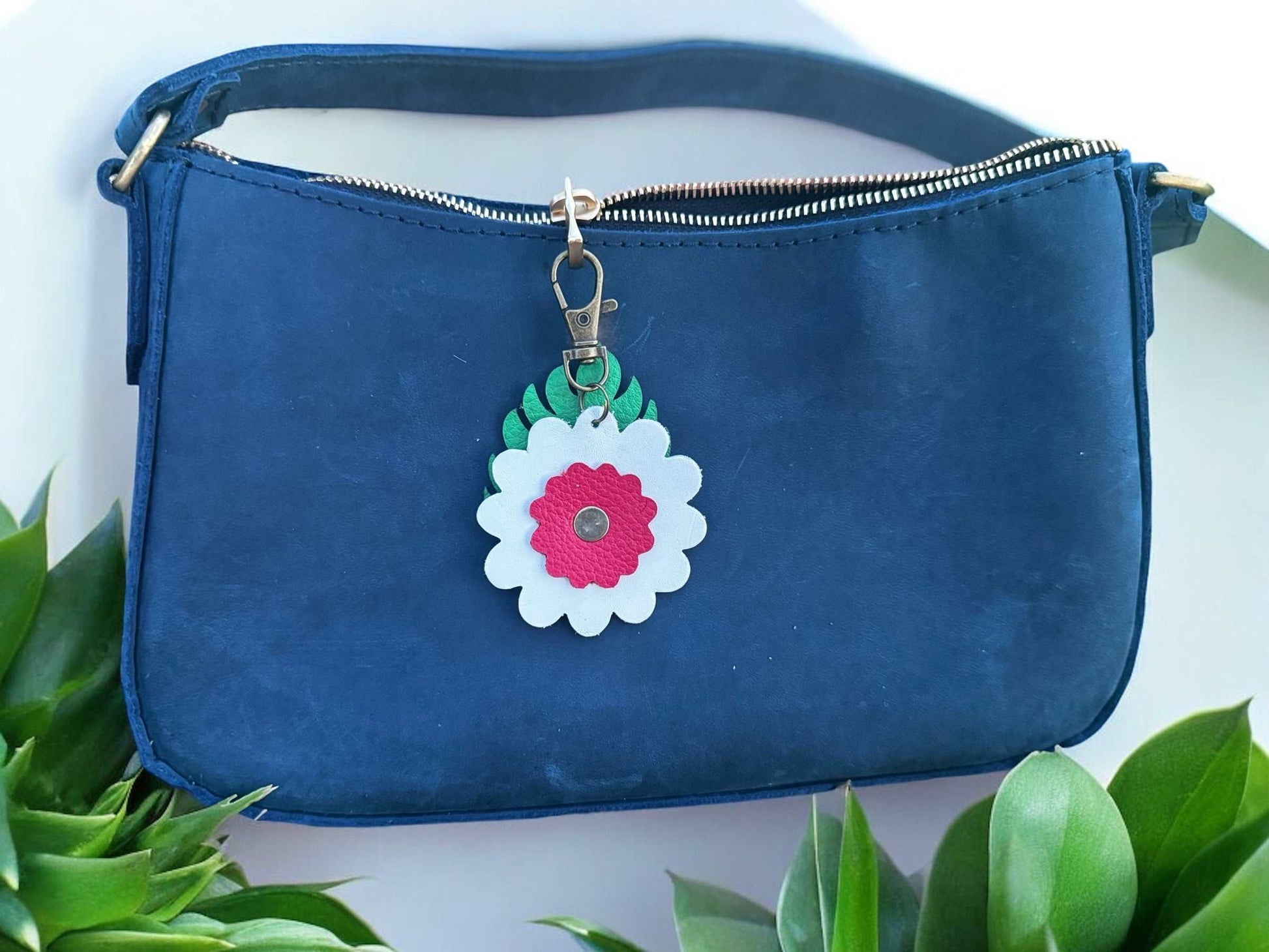 Leather Flower & Monstera Leaf Accessory with Lobster Clasp | Zipper Pull & Purse Charm