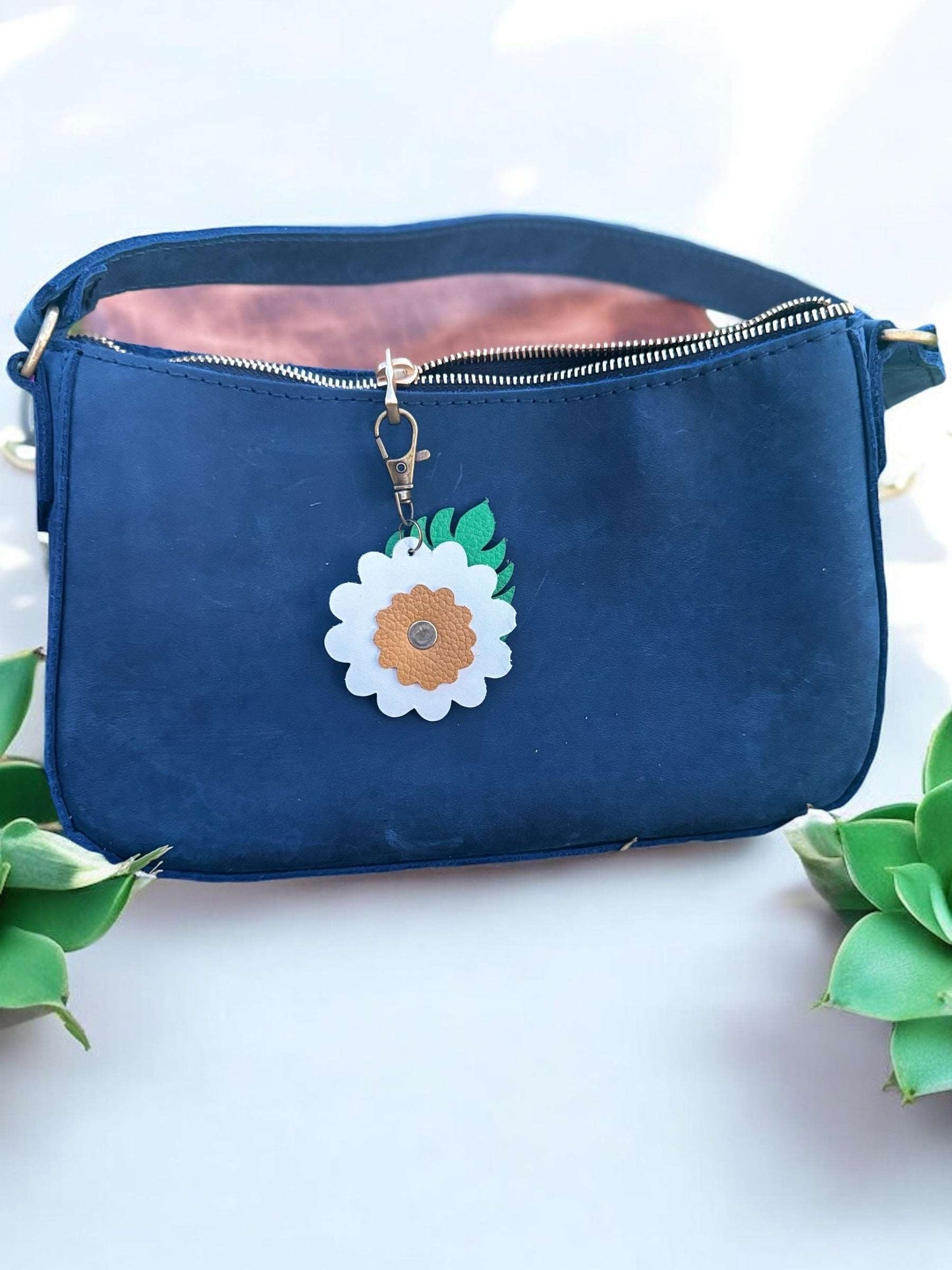 Leather Flower & Monstera Leaf Accessory with Lobster Clasp | Zipper Pull & Purse Charm