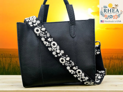 wild flower black fabric purse strap