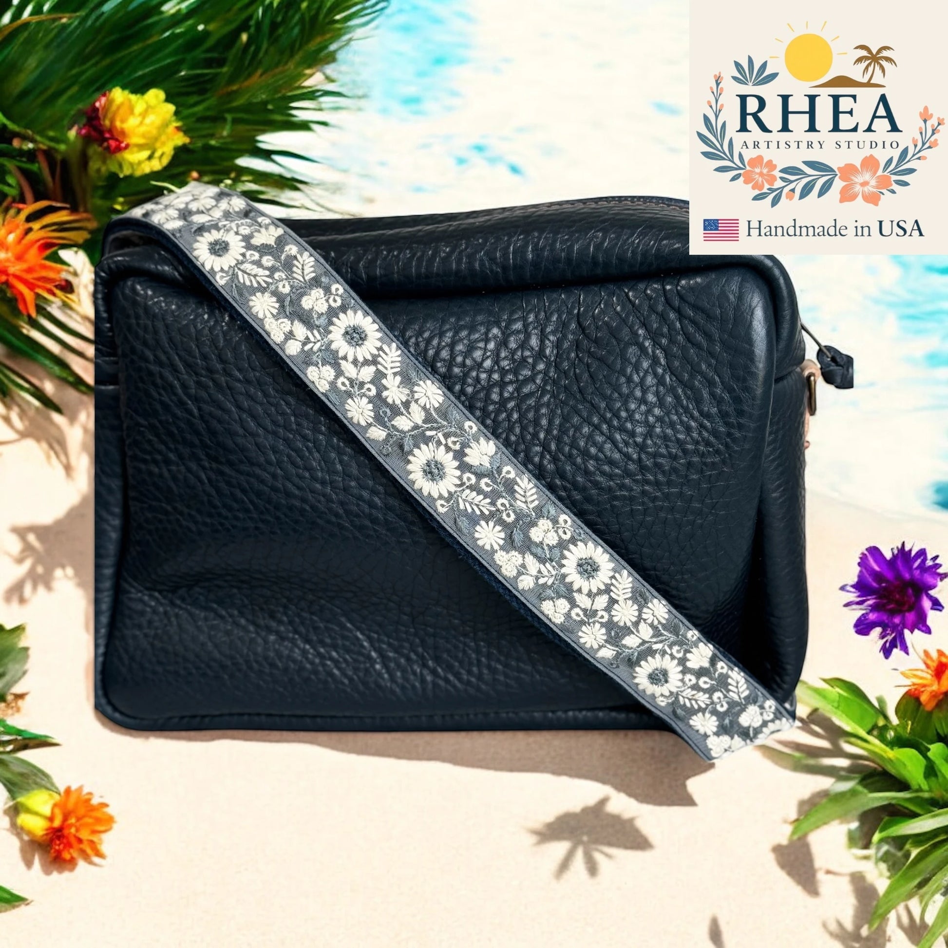 wild flower navy fabric handbag strap