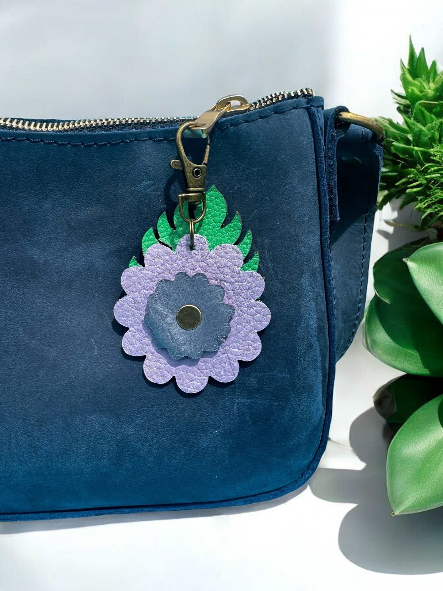 Leather Flower & Monstera Leaf Accessory with Lobster Clasp | Zipper Pull & Purse Charm