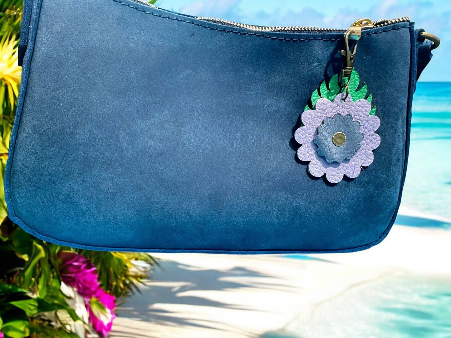 Leather Flower & Monstera Leaf Accessory with Lobster Clasp | Zipper Pull & Purse Charm